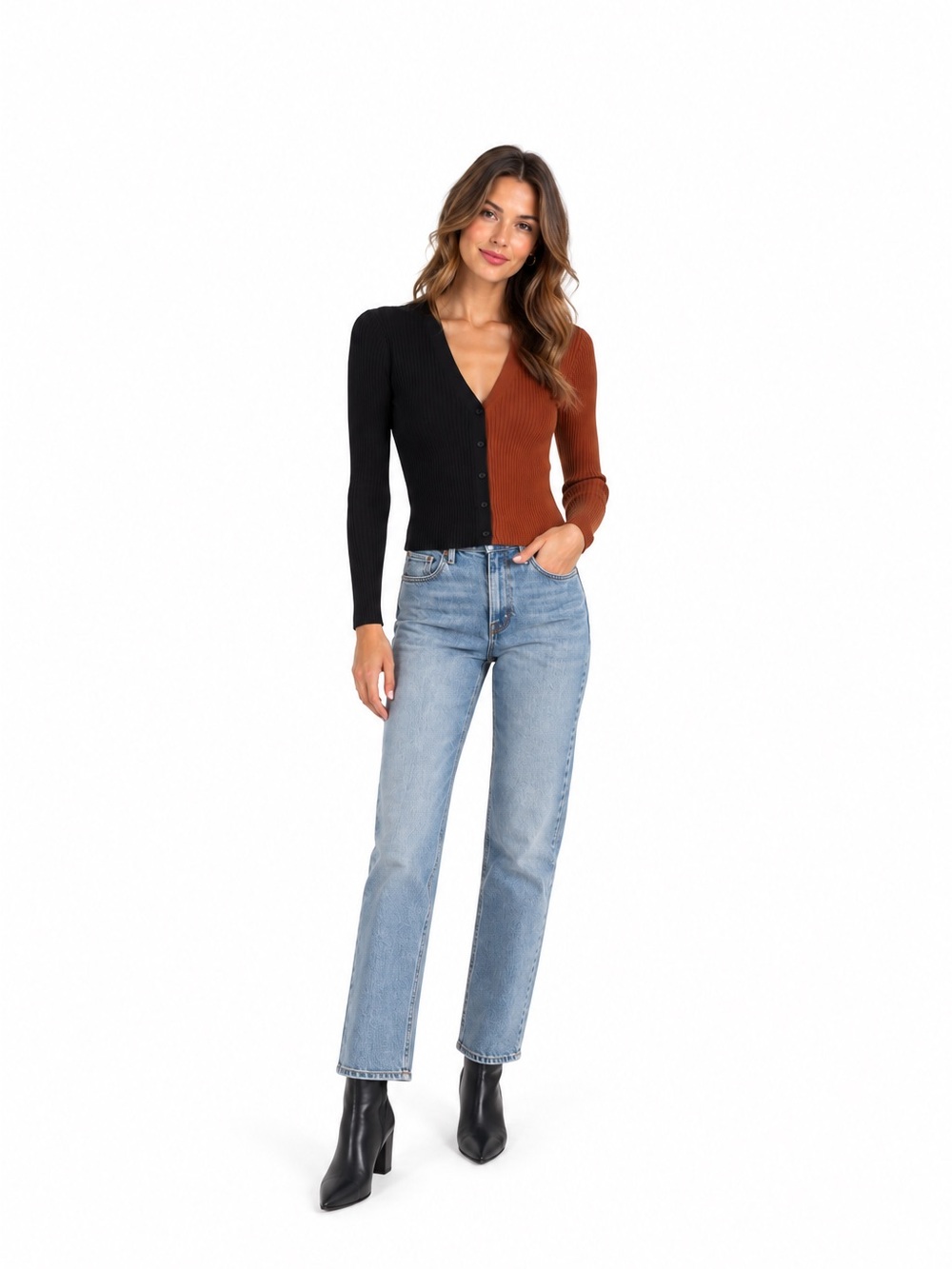 STAUD Colorblock Ribbed Cardigan – Black/Brown | Size XS